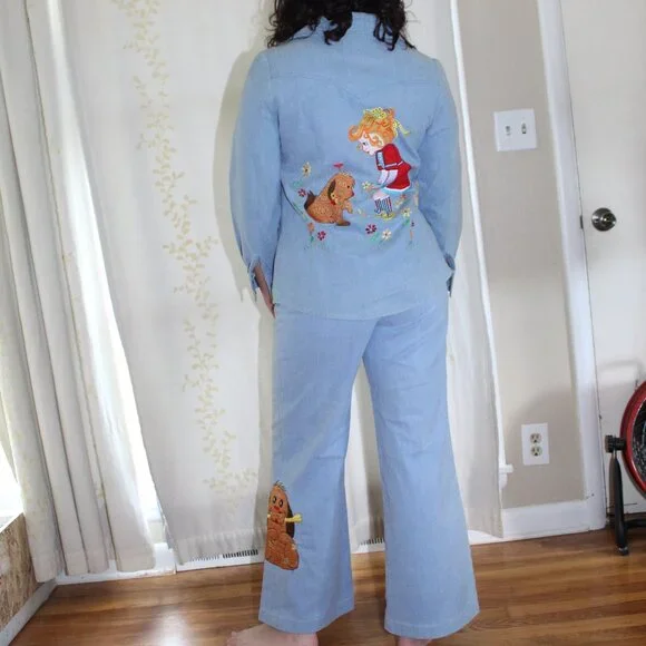 Vtg Penney's International Imports Embroidered Dog Girl Denim Jeans Shirt Set